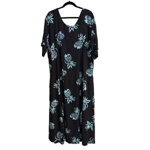 Bali Batiks Resortwear Pineapple Print Maxi Dress Black Blue Rayon Plus Size 3X